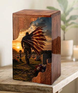 Military Wooden Cremation Urn for Veteran | American Flag Memorial Urn for Dad