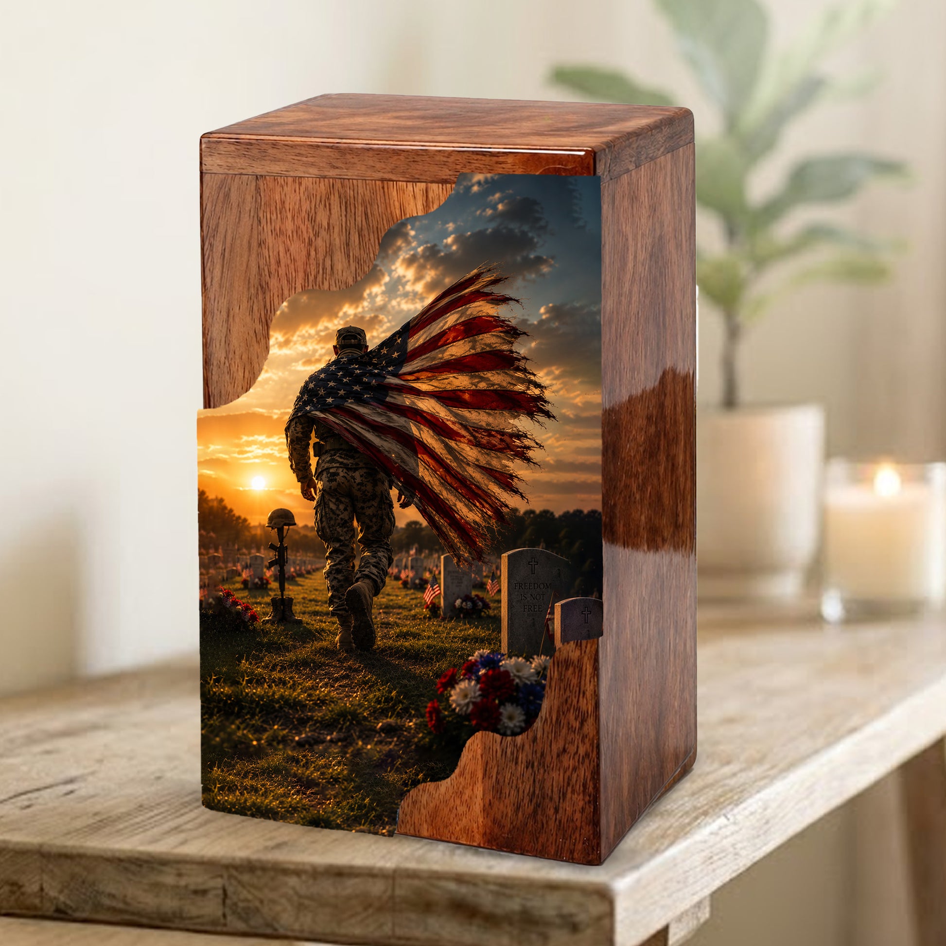 Military Wooden Cremation Urn for Veteran | American Flag Memorial Urn for Dad