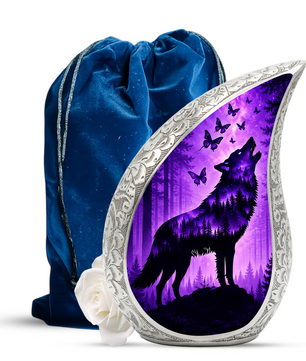 Purple Galaxy Wolf Memorial Urn – Mystical Forest Cremation Urn for Human Ashes
