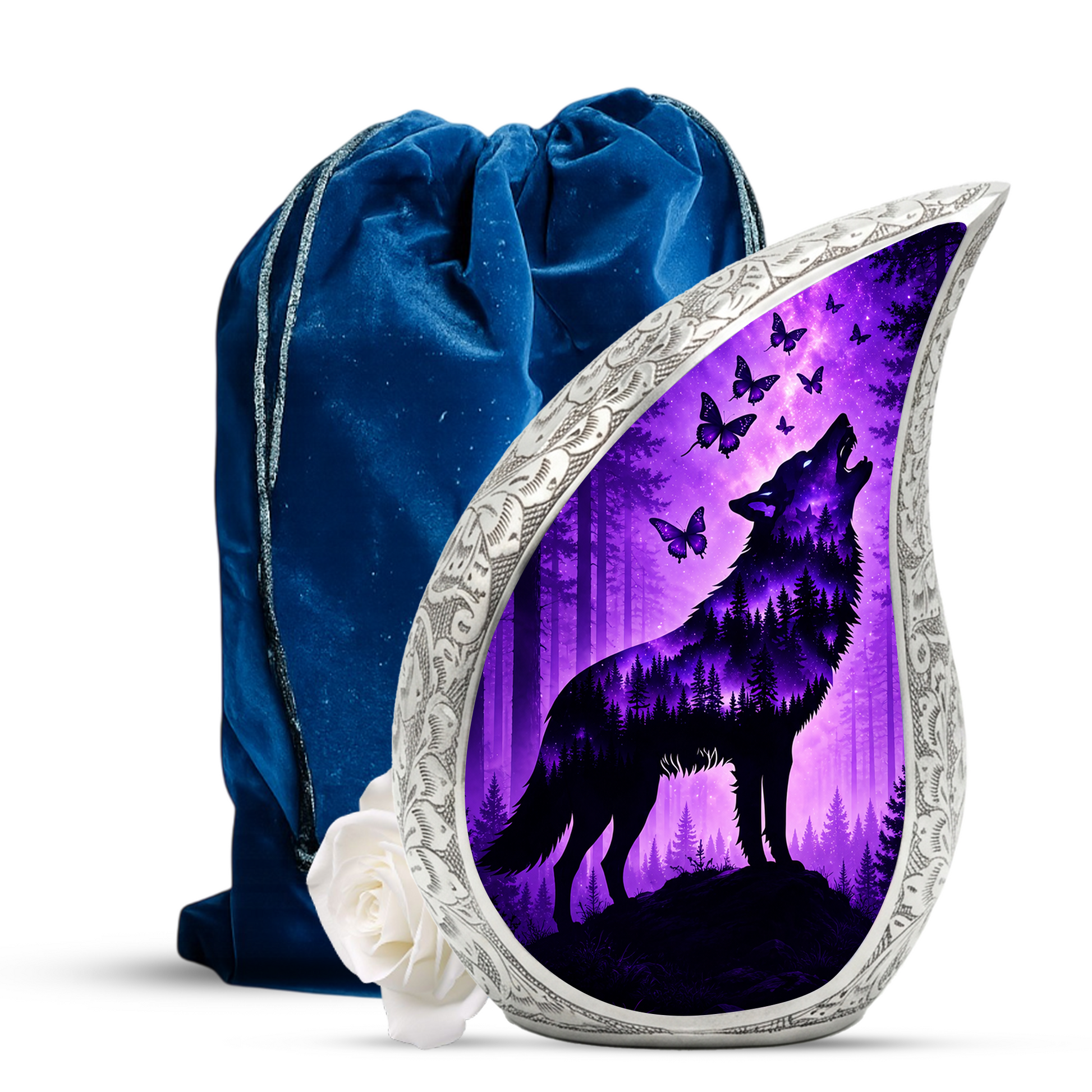 Purple Galaxy Wolf Memorial Urn – Mystical Forest Cremation Urn for Human Ashes