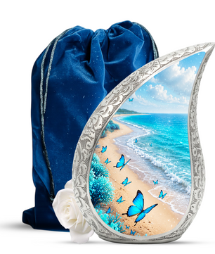 Blue Butterfly Beach Memorial Urn – Peaceful Ocean Cremation Urn for Ashes