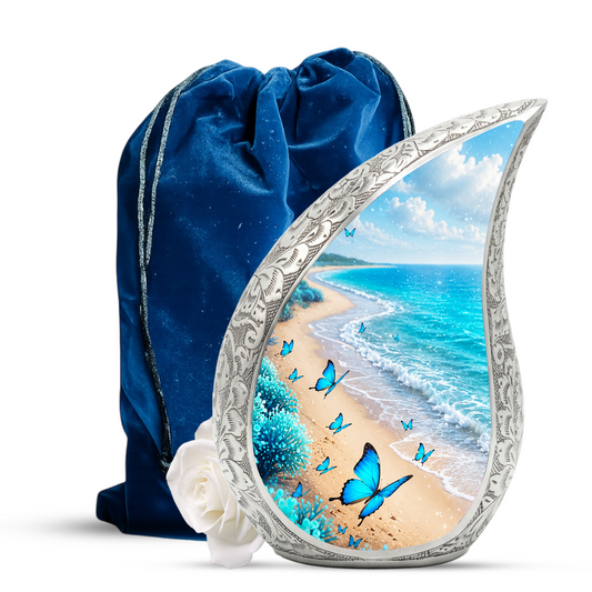 Blue Butterfly Beach Memorial Urn – Peaceful Ocean Cremation Urn for Ashes