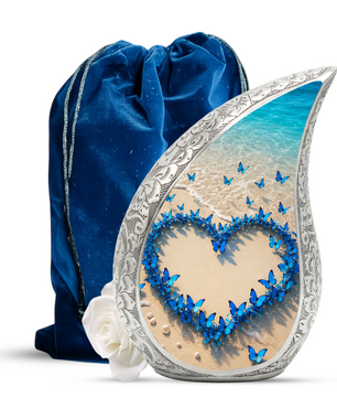 Blue Butterfly Heart Memorial Urn – Beach Cremation Urn for Human Ashes