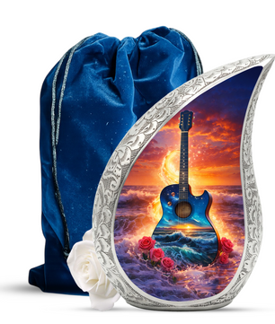 Blue Guitar Ocean Sunset Cremation Urn | Adult Memorial Urn