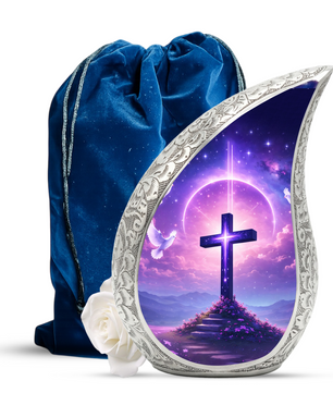 Purple Cross Cremation Urn for Ashes – Christian Funeral Urn for Adult Man or Woman