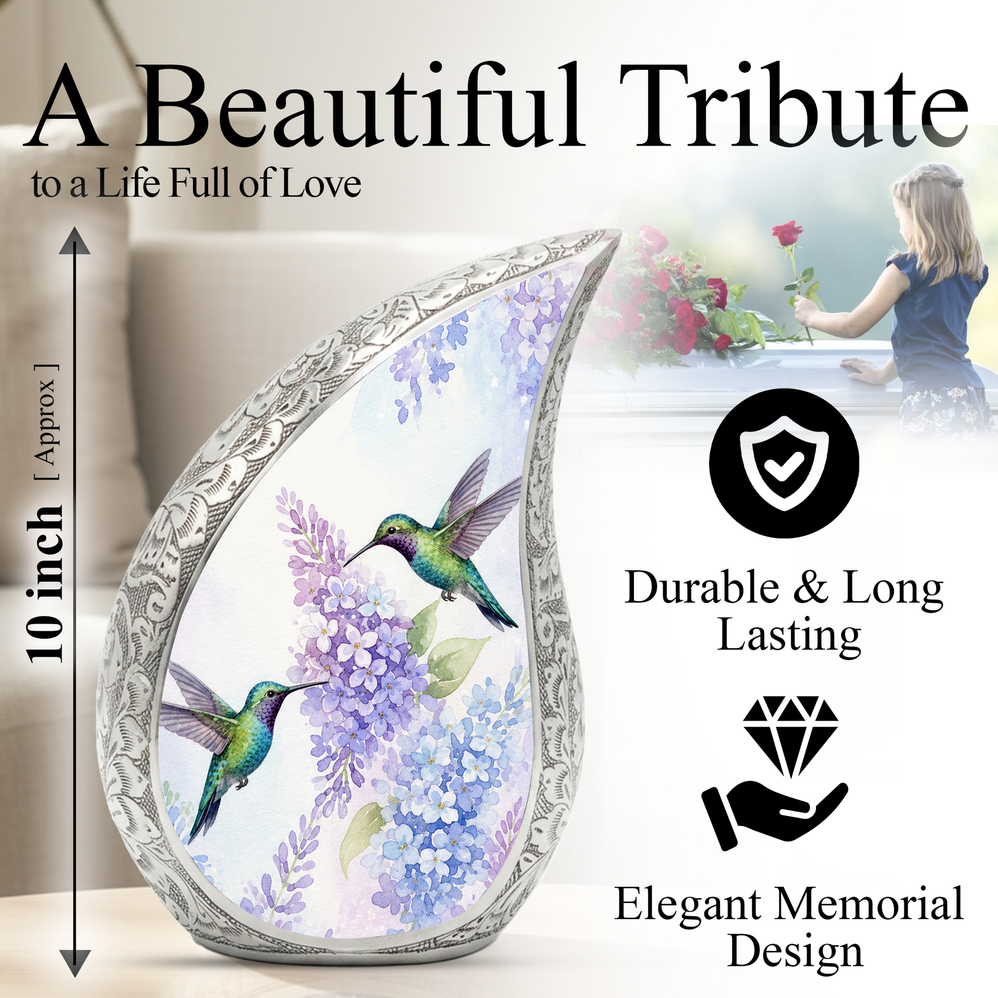 Hummingbird Floral Memorial Urn For Ashes – Elegant Aluminum Cremation Urn