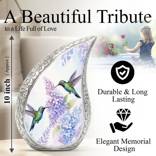 Hummingbird Floral Memorial Urn For Ashes – Elegant Aluminum Cremation Urn
