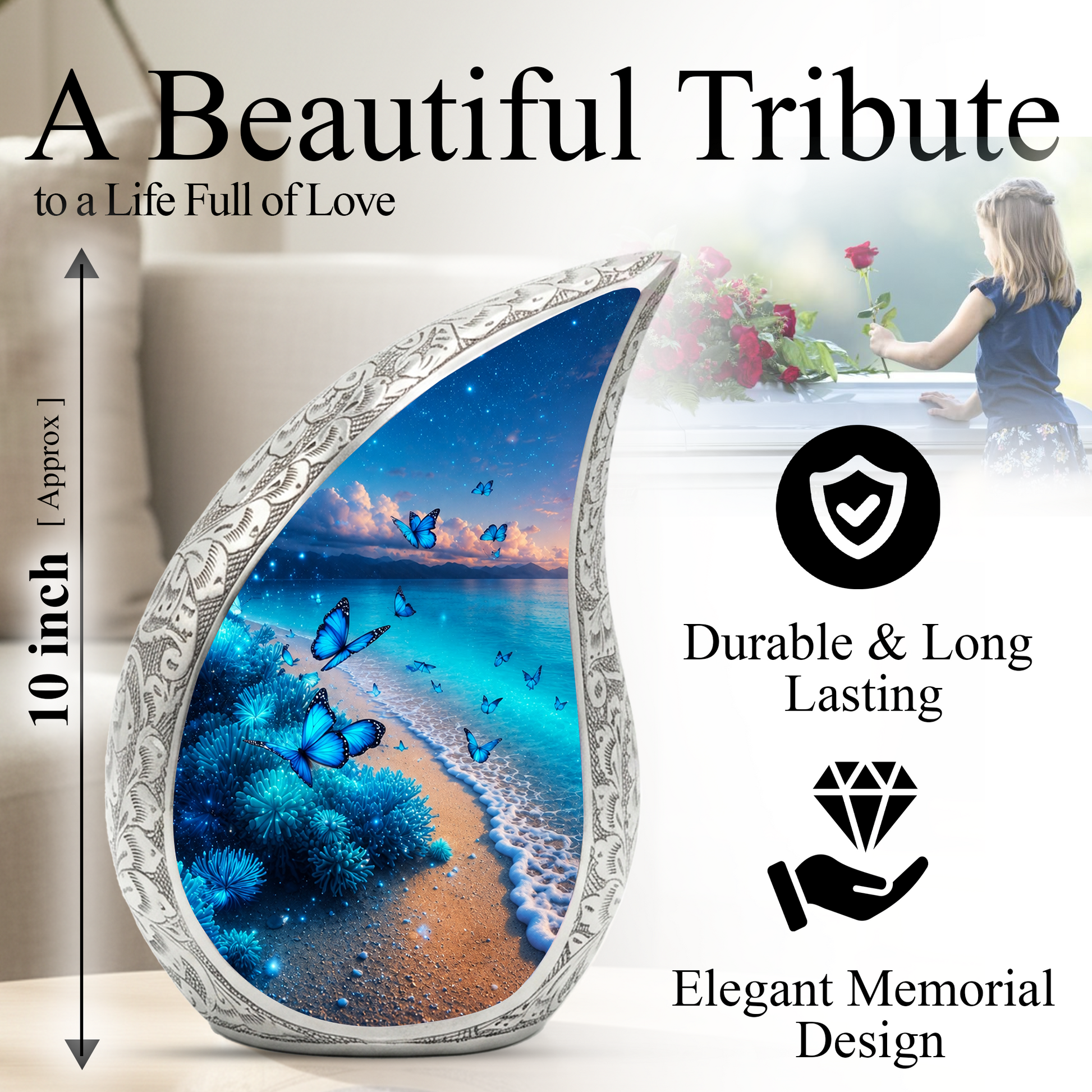 Moonlit Blue Butterfly Memorial Urn – Beach Urn for Human Ashes