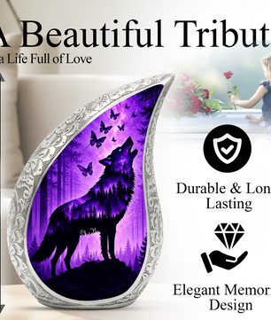 Purple Galaxy Wolf Memorial Urn – Mystical Forest Cremation Urn for Human Ashes