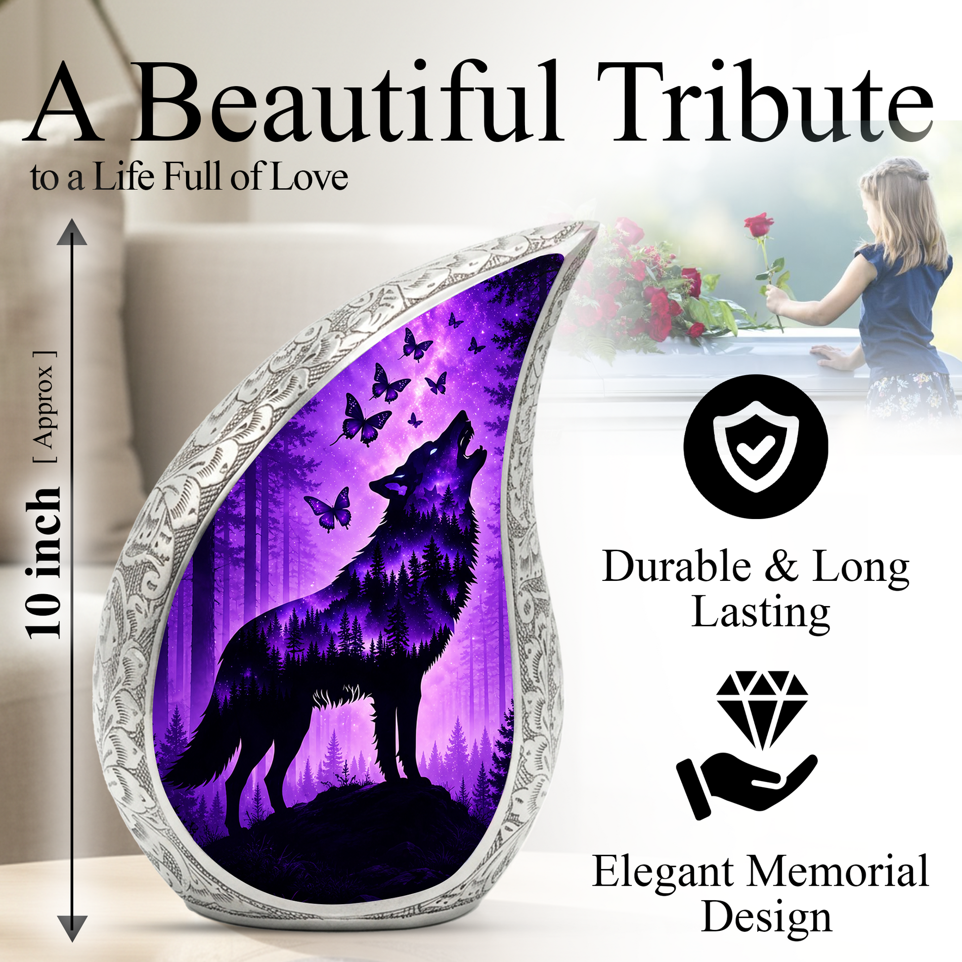 Purple Galaxy Wolf Memorial Urn – Mystical Forest Cremation Urn for Human Ashes