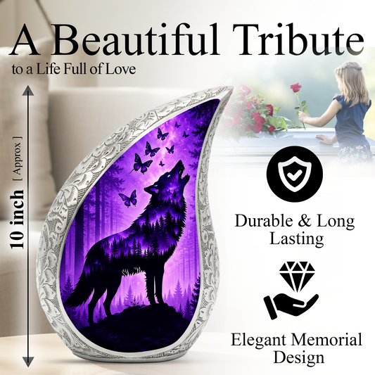 Purple Galaxy Wolf Memorial Urn – Mystical Forest Cremation Urn for Human Ashes