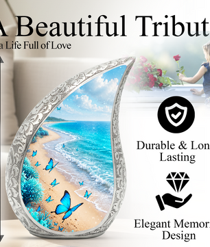 Blue Butterfly Beach Memorial Urn – Peaceful Ocean Cremation Urn for Ashes