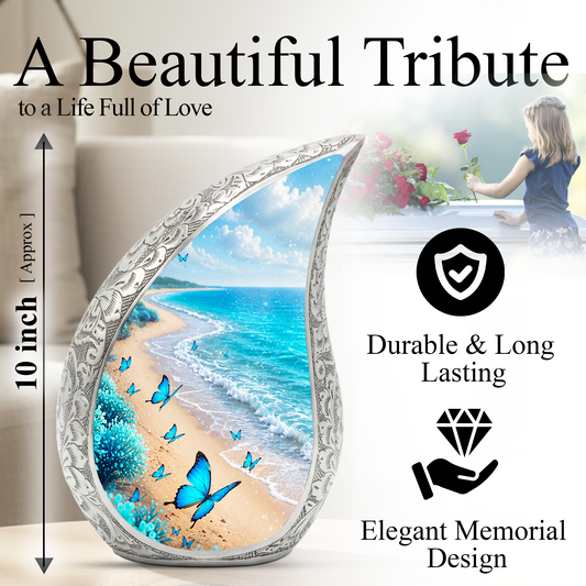 Blue Butterfly Beach Memorial Urn – Peaceful Ocean Cremation Urn for Ashes
