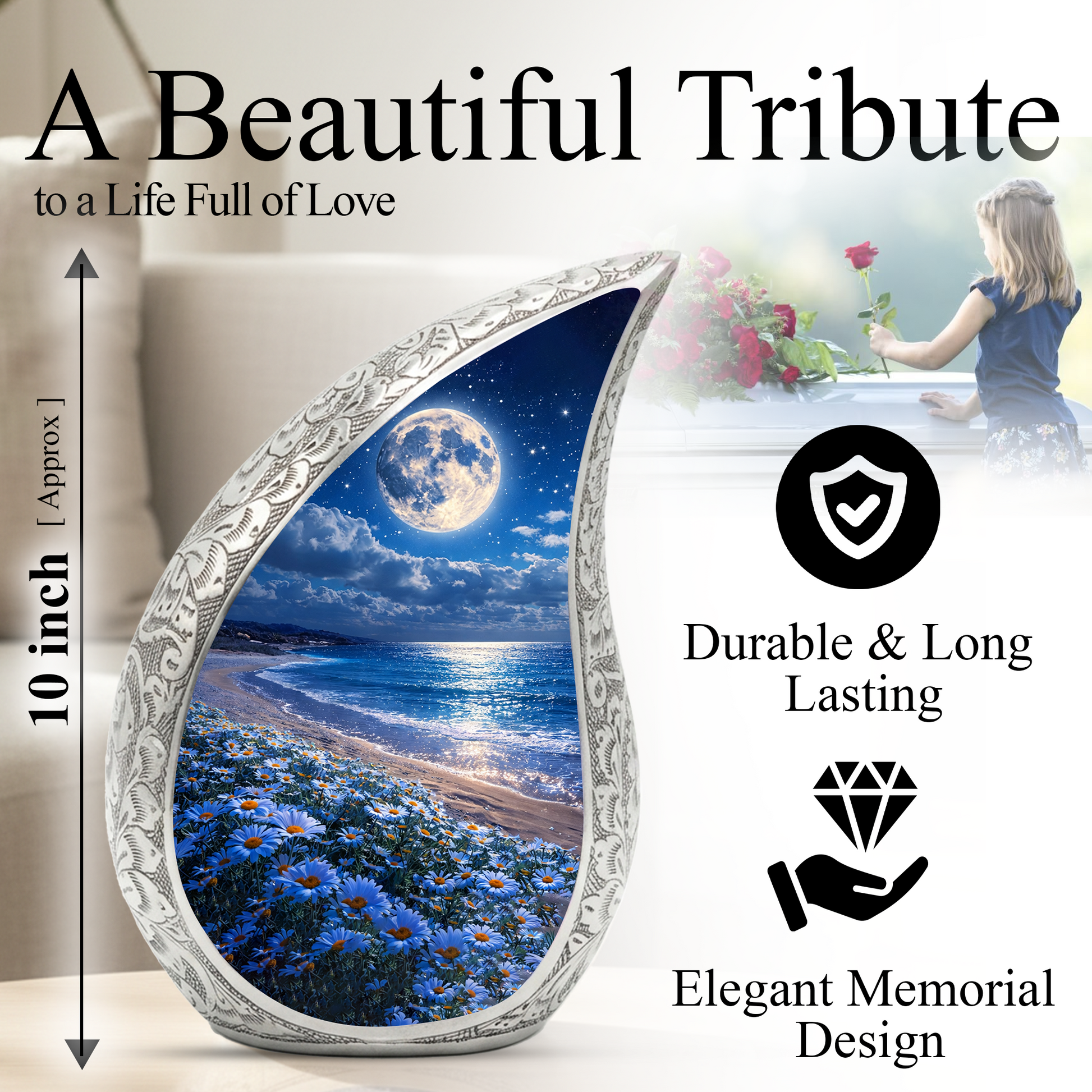 Moonlight Beach Floral Cremation Urn | Funeral Urn for Ashes