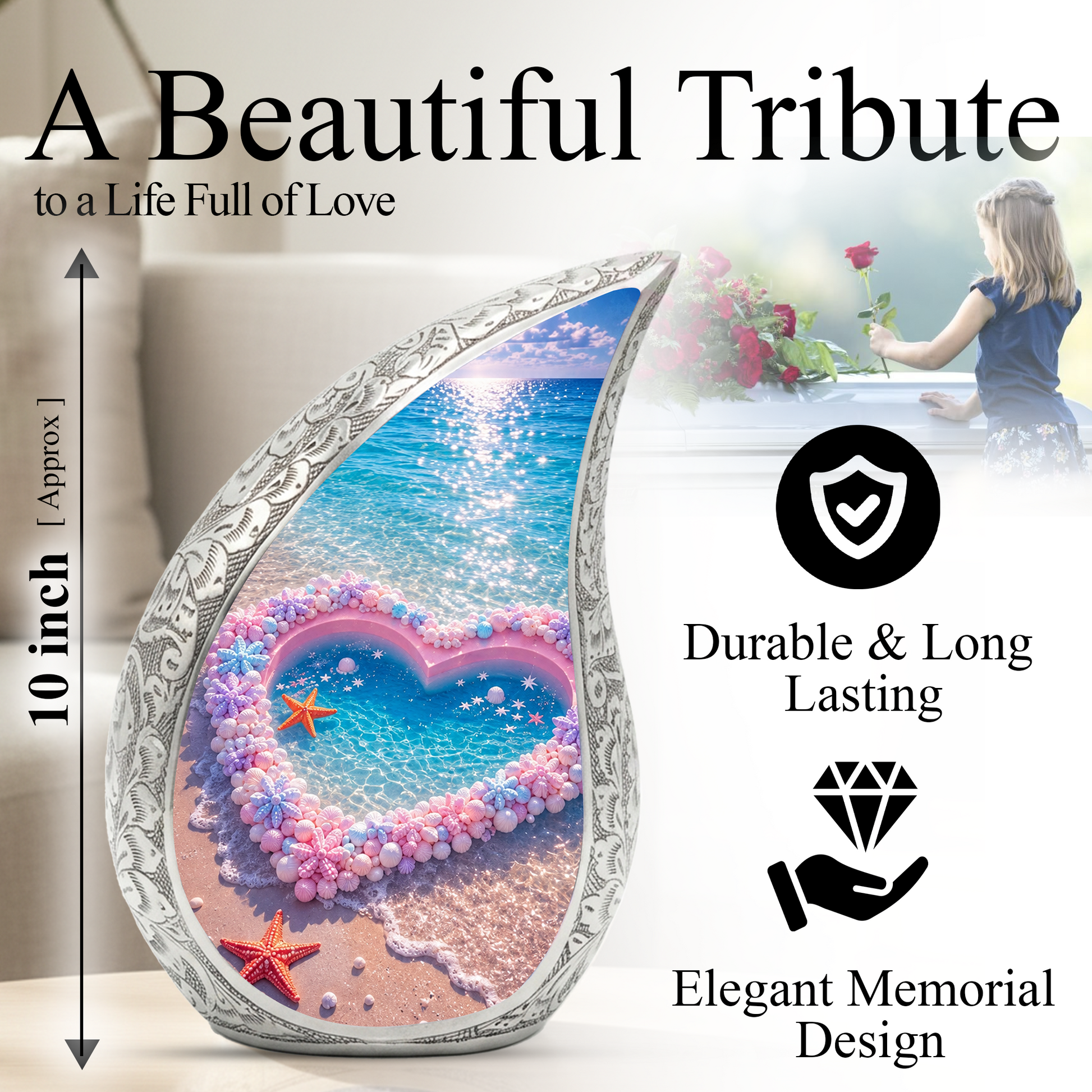 Ocean Heart Urn for Burial – Decorative Container for Cremated Remains