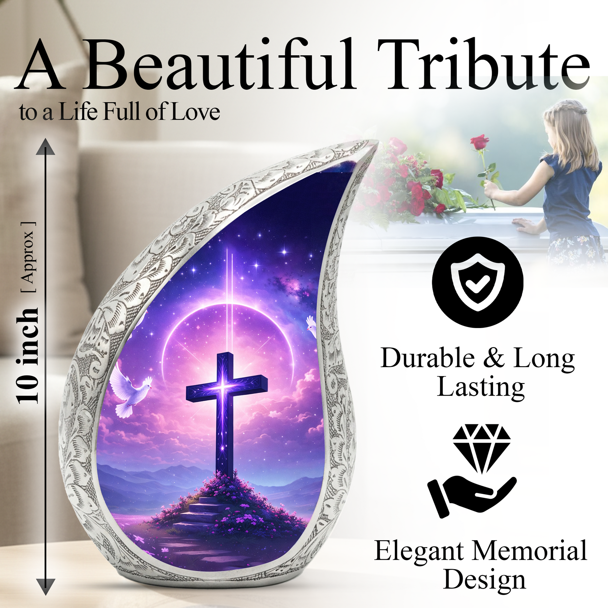 Purple Cross Christian Cremation Urn | Adult Ashes Urn
