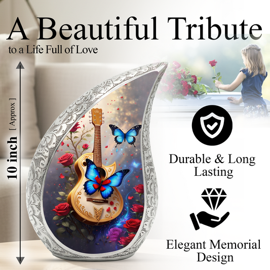 Butterfly & Red Roses Cremation Urn | Floral Memorial Urn