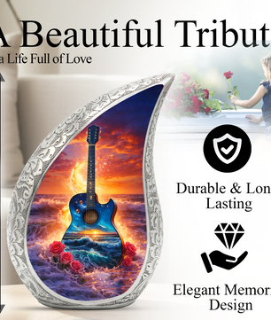 Blue Guitar Ocean Sunset Cremation Urn | Adult Memorial Urn
