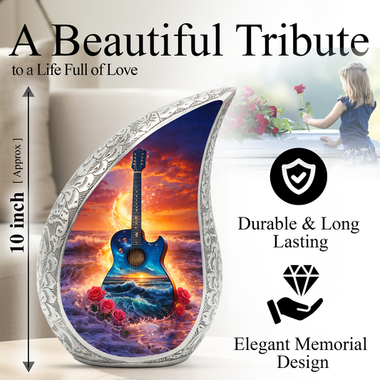 Blue Guitar Ocean Sunset Cremation Urn | Adult Memorial Urn
