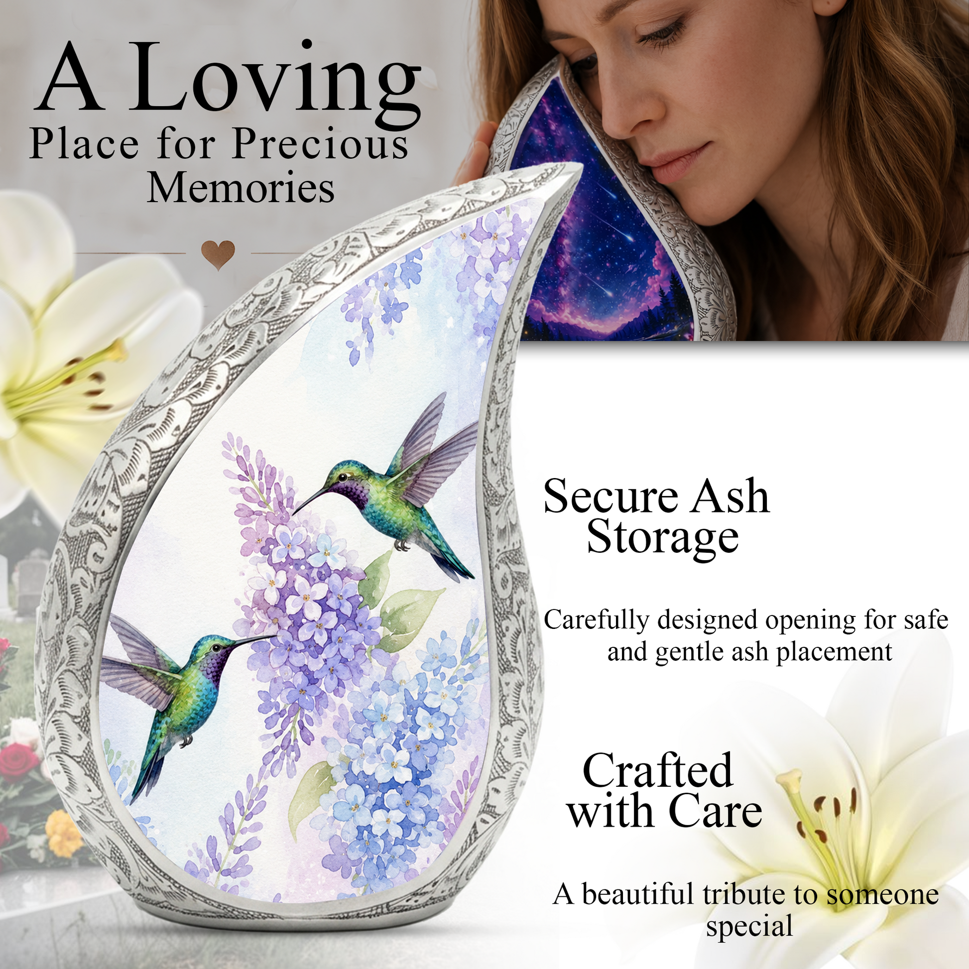Hummingbird Floral Memorial Urn For Ashes – Elegant Aluminum Cremation Urn