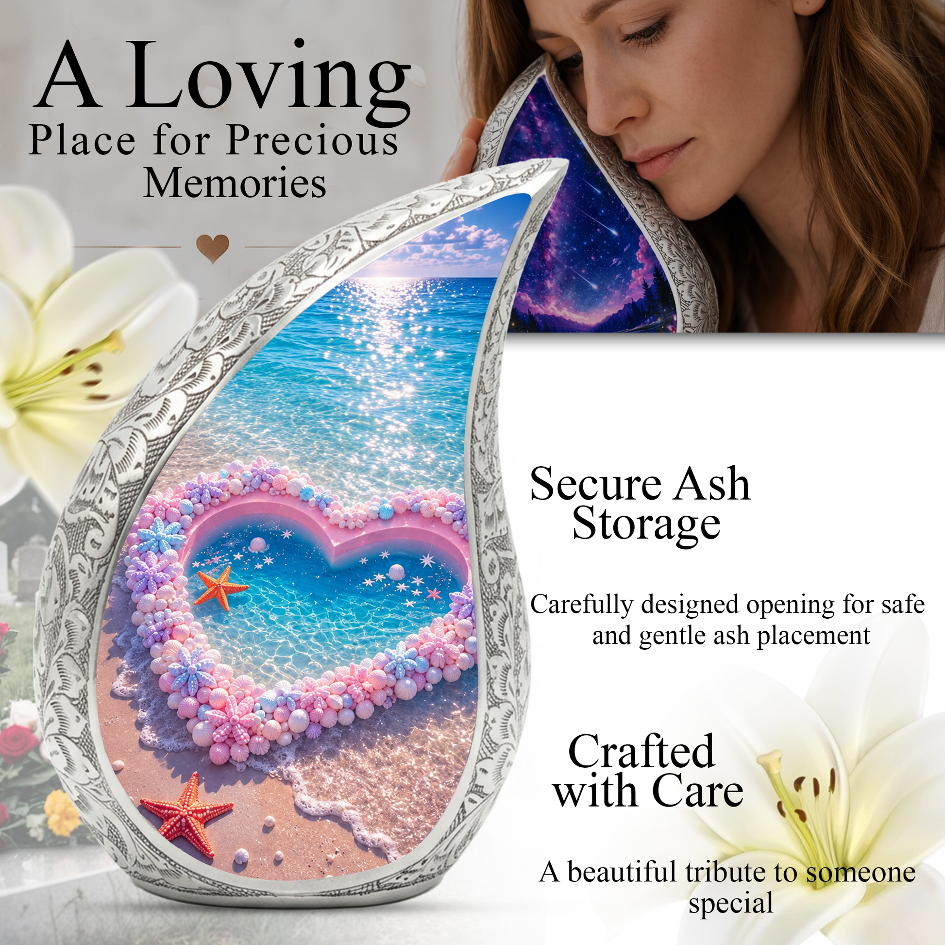 Ocean Heart Urn for Burial – Decorative Container for Cremated Remains