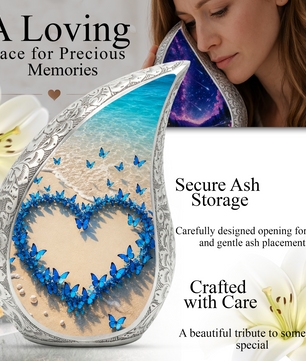 Blue Butterfly Heart Memorial Urn – Beach Cremation Urn for Human Ashes