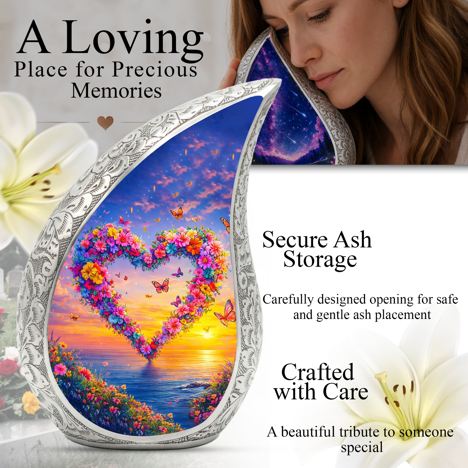 Butterfly Floral Heart Memorial Urn | Urn for Female Ashes