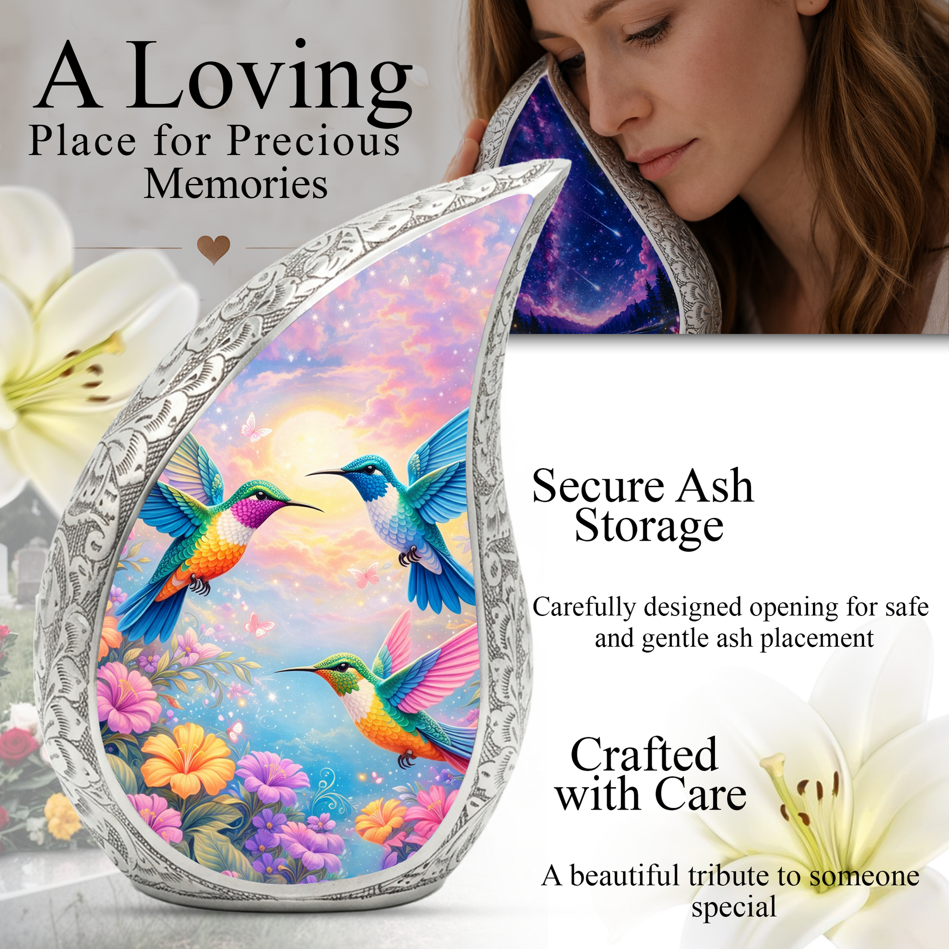 Hummingbird Floral Cremation Urn | Memorial Urn for Women