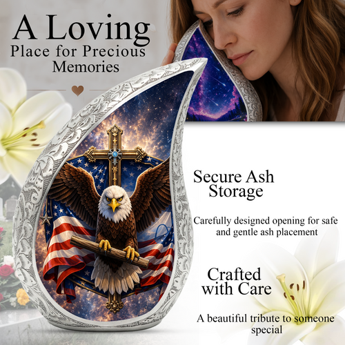 Bald Eagle Christian Urn – Patriotic Ashes Container for Adults