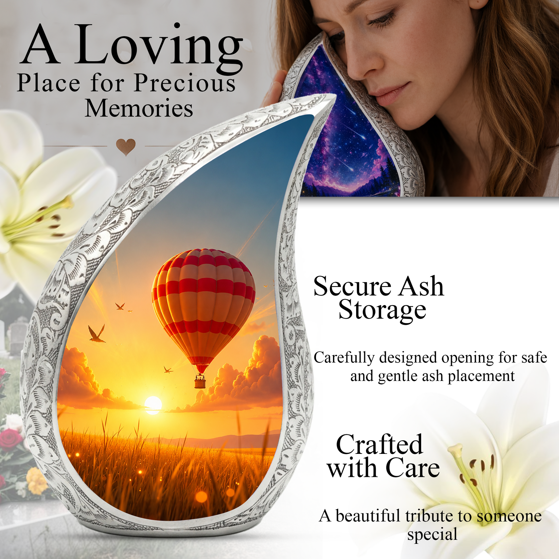 Hot Air Balloon Memorial Urn For Ashes – Sunset Sky Cremation Urn For Men & Women