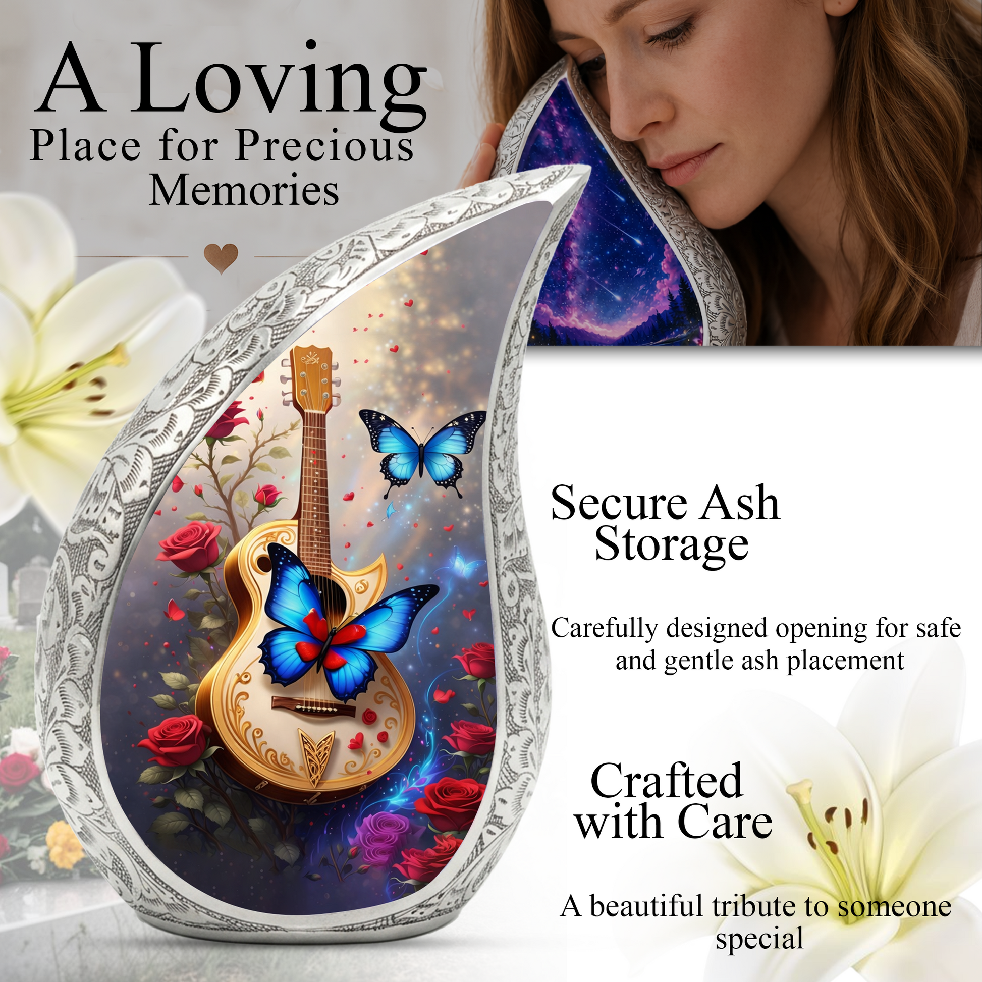Butterfly & Red Roses Cremation Urn | Floral Memorial Urn