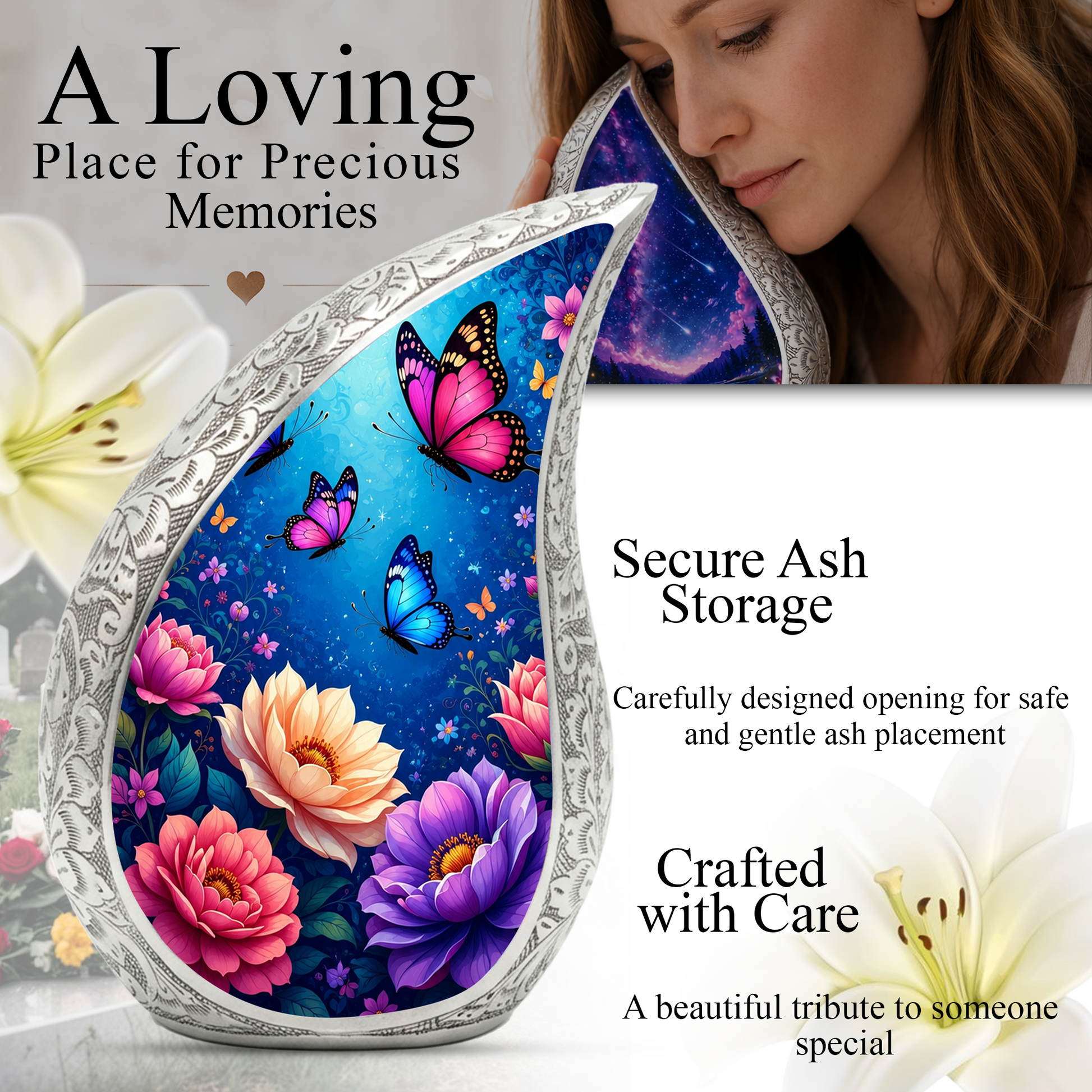 Colorful Butterfly Garden Memorial Urn – Elegant Floral Urn for Human Ashes