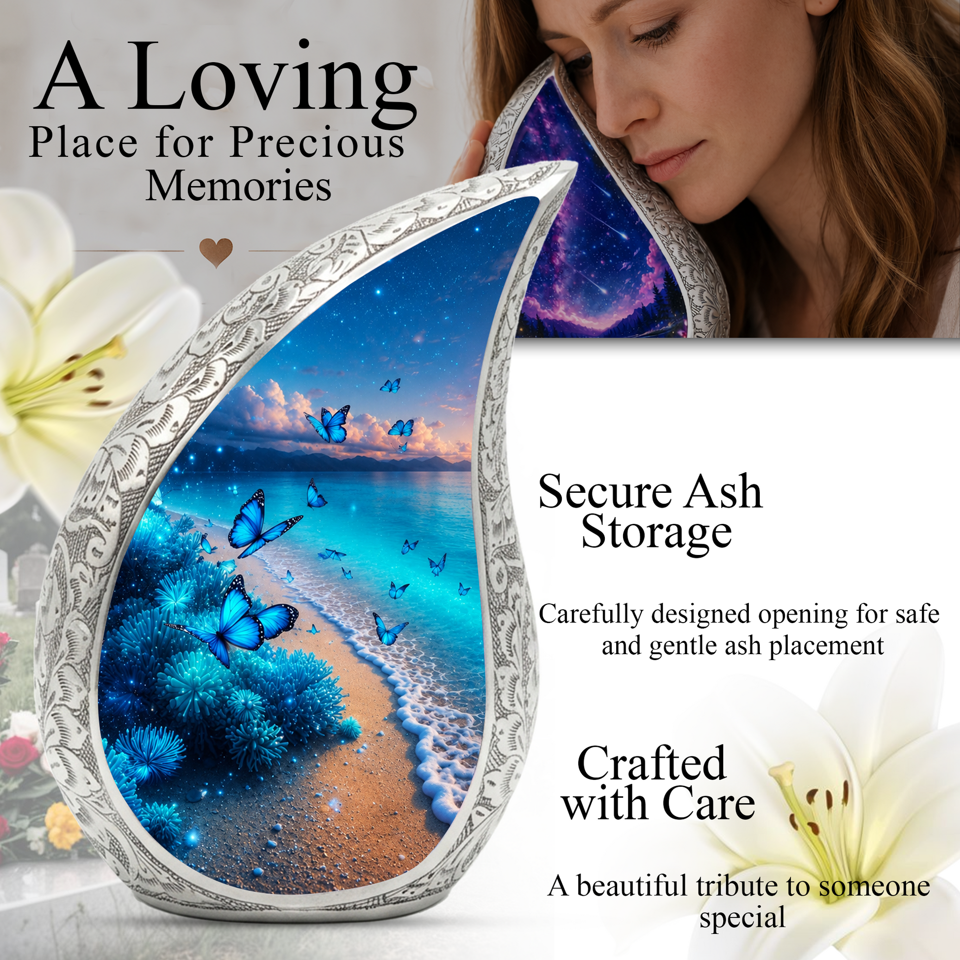Moonlit Blue Butterfly Memorial Urn – Beach Urn for Human Ashes