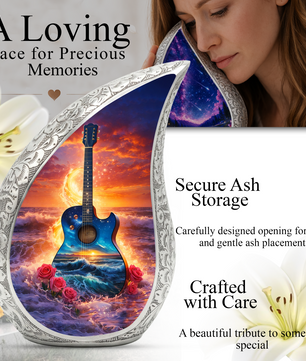 Blue Guitar Ocean Sunset Cremation Urn | Adult Memorial Urn