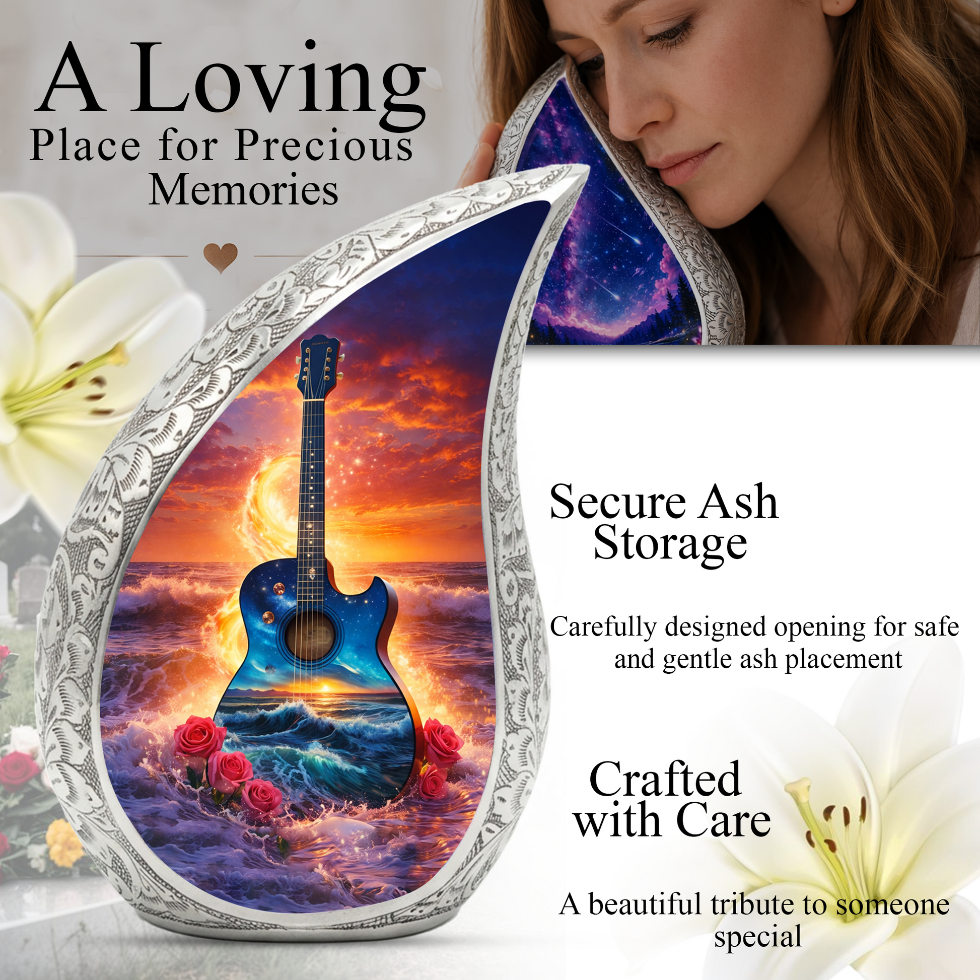 Blue Guitar Ocean Sunset Cremation Urn | Adult Memorial Urn