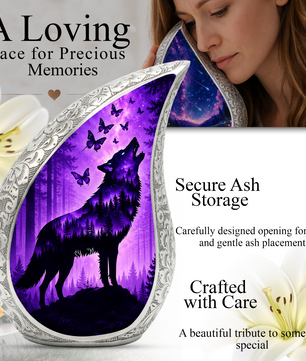 Purple Galaxy Wolf Memorial Urn – Mystical Forest Cremation Urn for Human Ashes