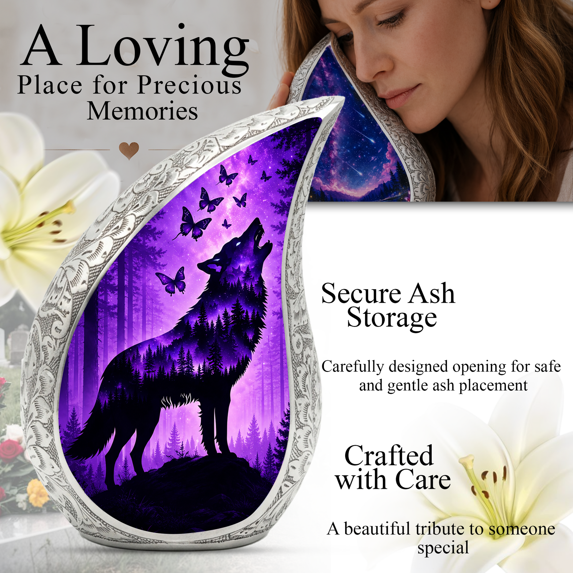 Purple Galaxy Wolf Memorial Urn – Mystical Forest Cremation Urn for Human Ashes