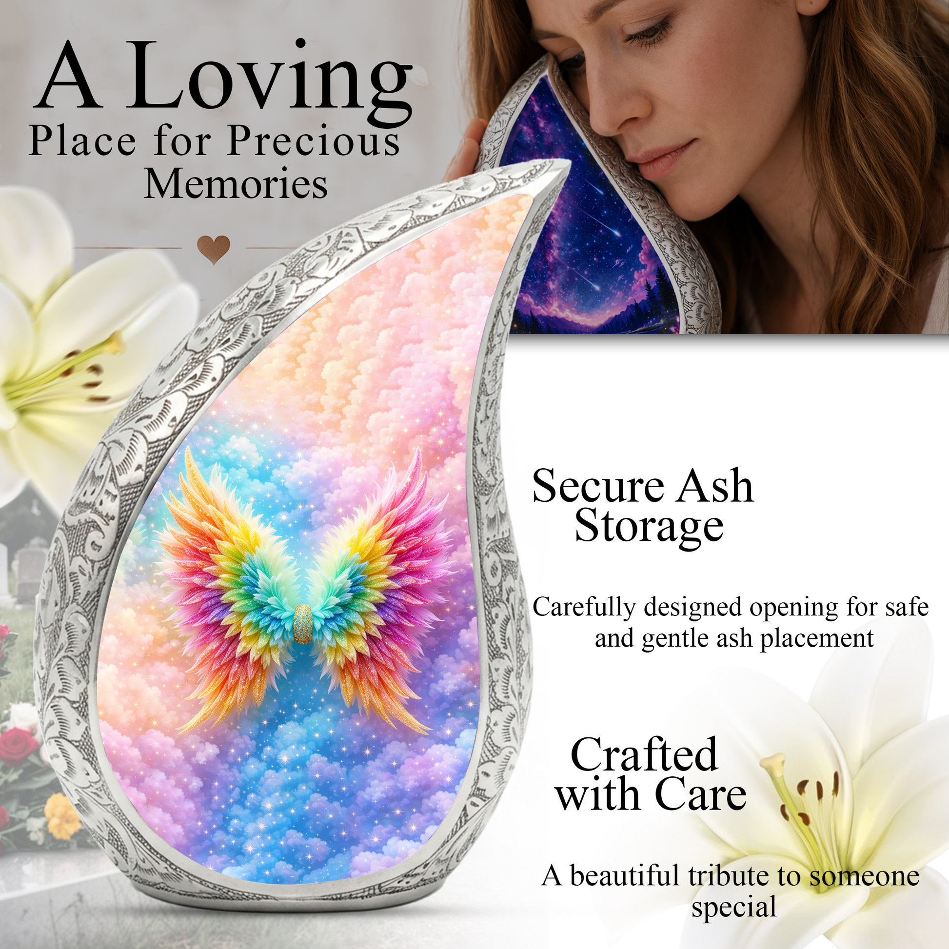 Rainbow Angel Wings Cremation Urn | Memorial Urn for Women