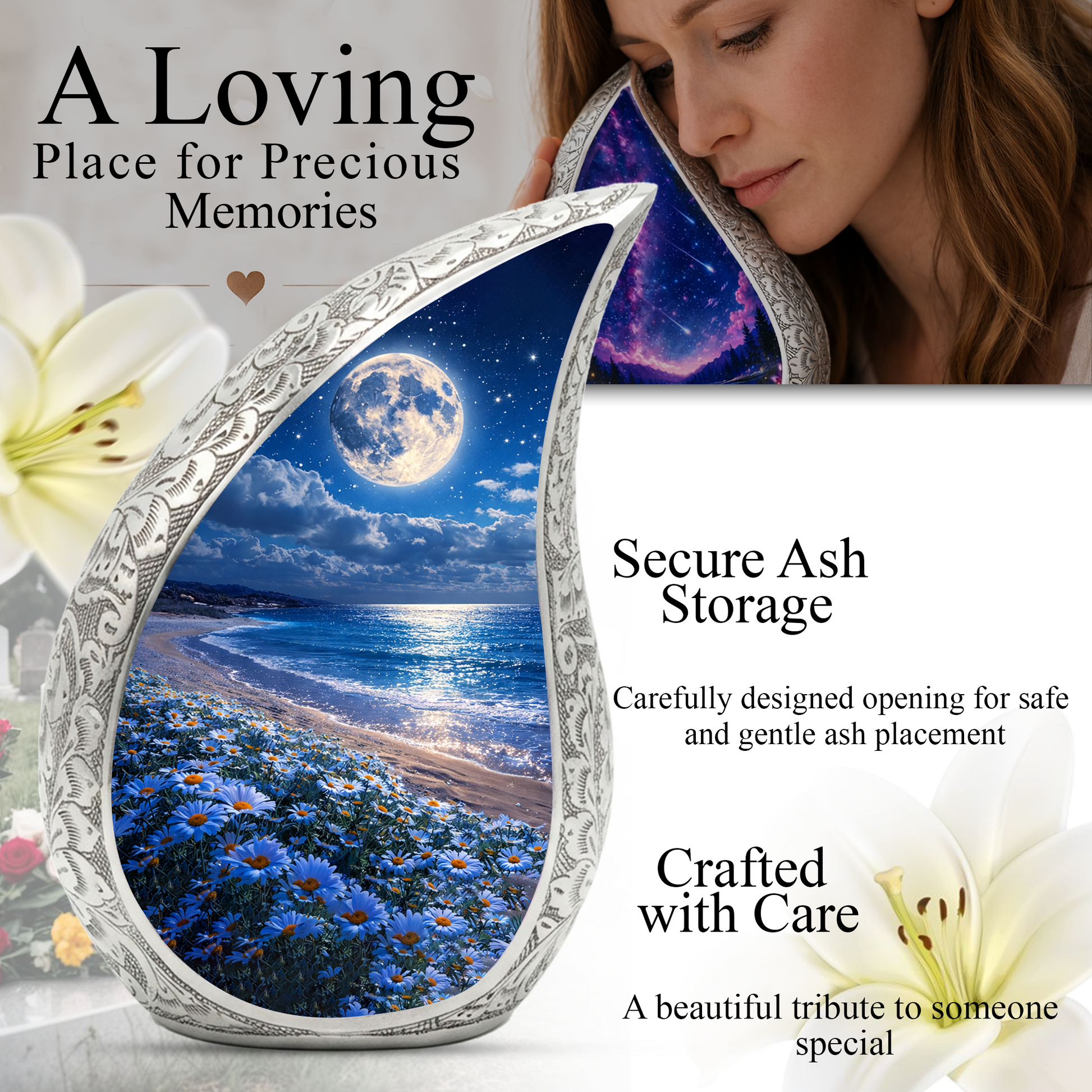 Moonlight Beach Floral Cremation Urn | Funeral Urn for Ashes