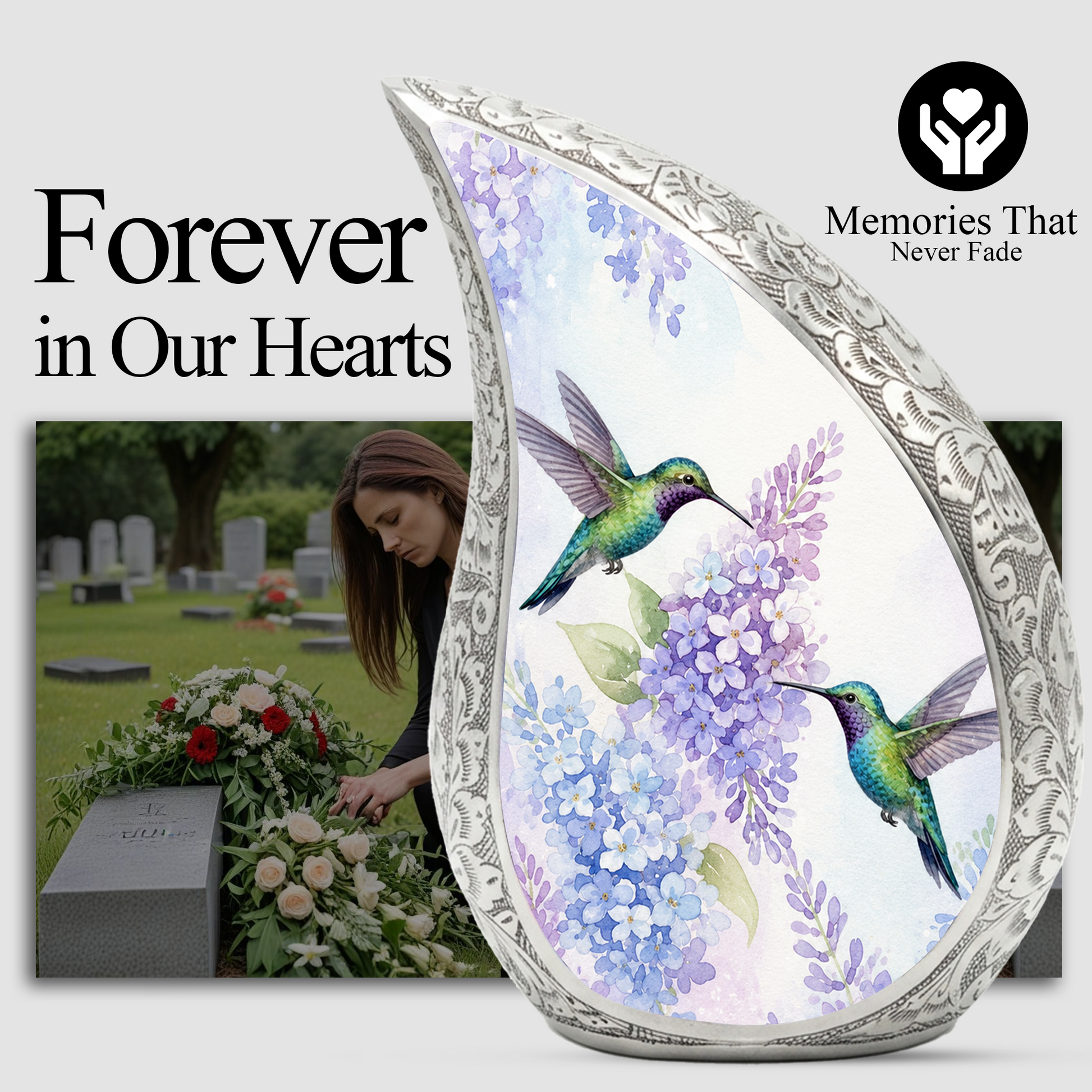 Hummingbird Floral Memorial Urn For Ashes – Elegant Aluminum Cremation Urn