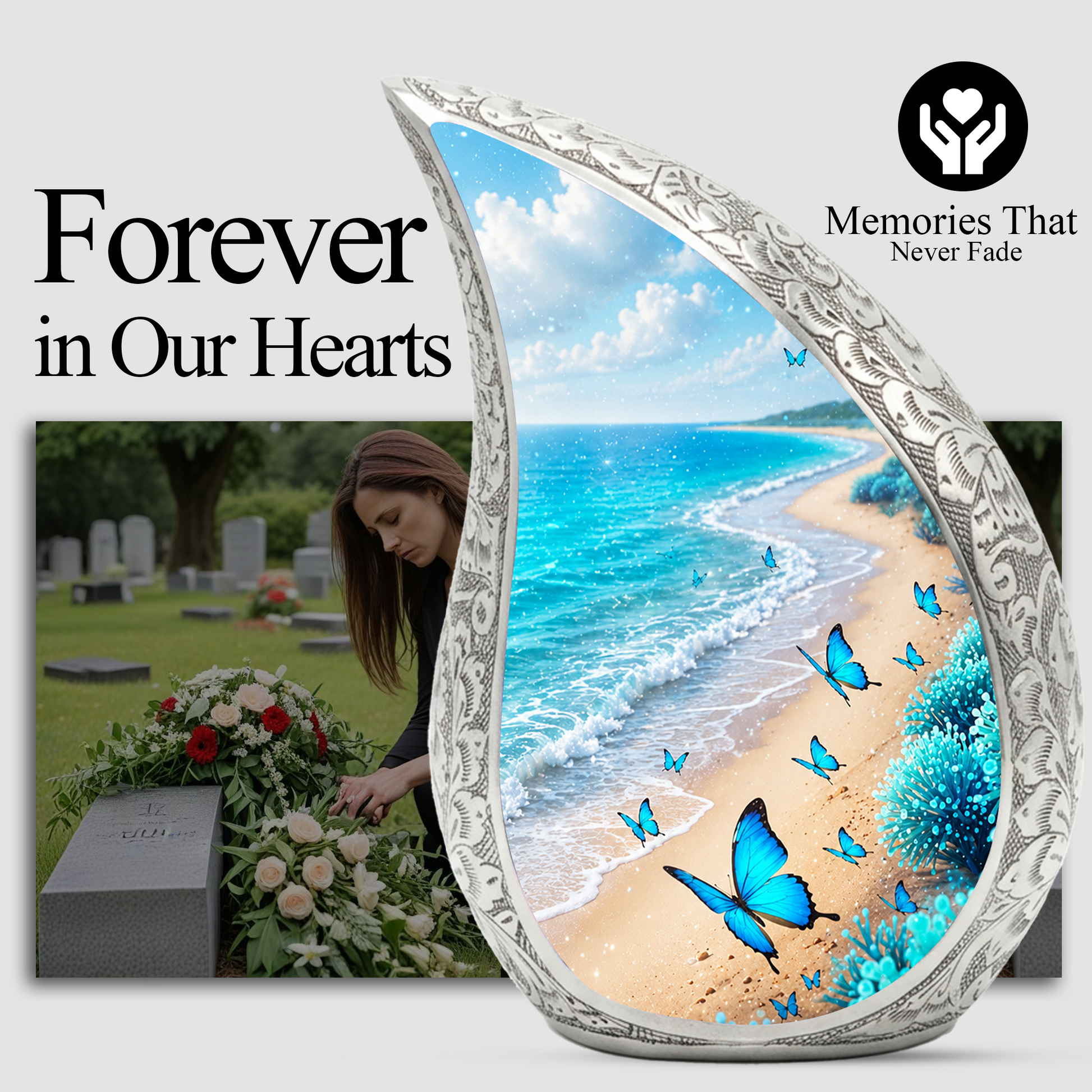 Blue Butterfly Beach Memorial Urn – Peaceful Ocean Cremation Urn for Ashes