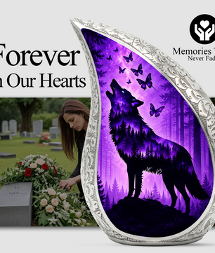 Purple Galaxy Wolf Memorial Urn – Mystical Forest Cremation Urn for Human Ashes