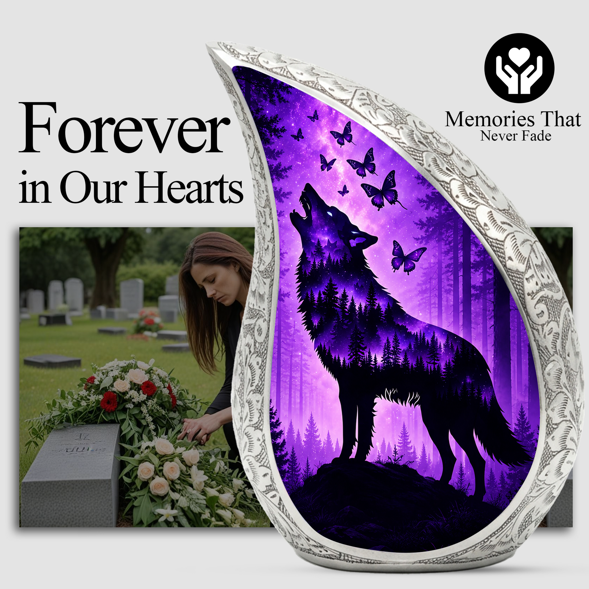 Purple Galaxy Wolf Memorial Urn – Mystical Forest Cremation Urn for Human Ashes