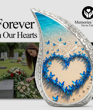 Blue Butterfly Heart Memorial Urn – Beach Cremation Urn for Human Ashes