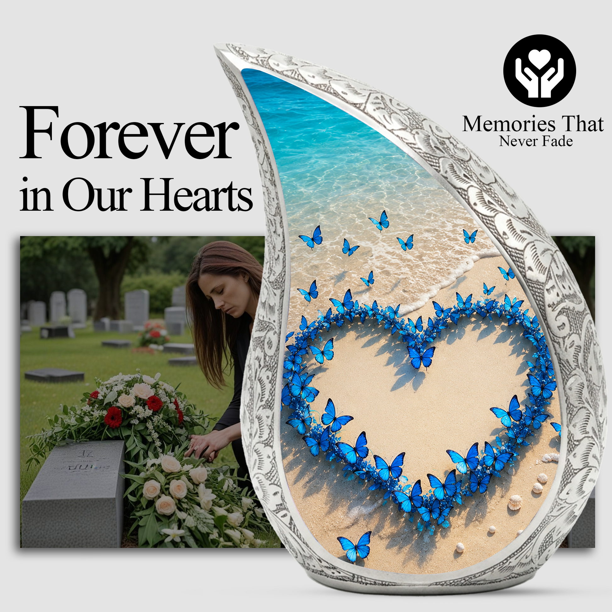 Blue Butterfly Heart Memorial Urn – Beach Cremation Urn for Human Ashes