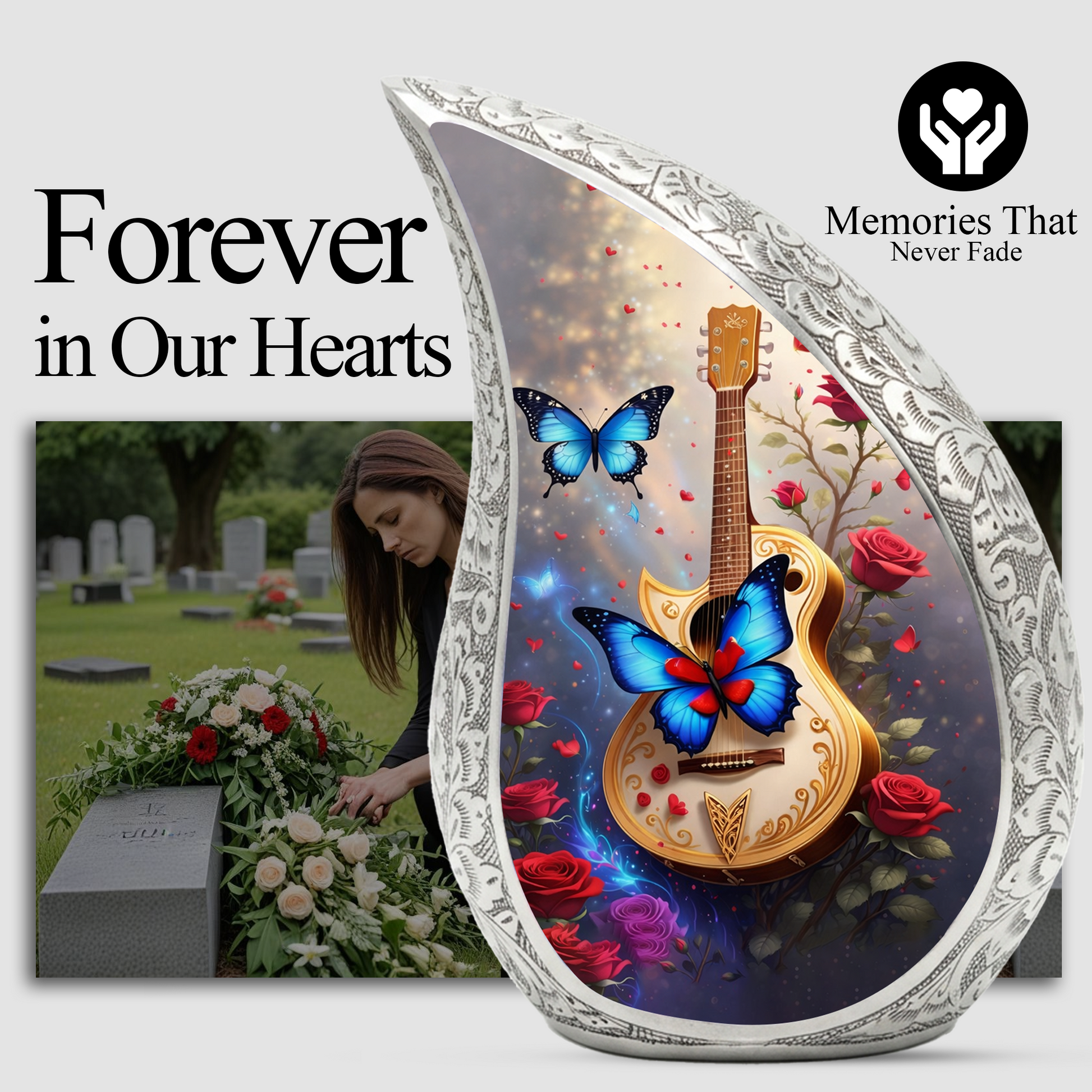 Butterfly & Red Roses Cremation Urn | Floral Memorial Urn