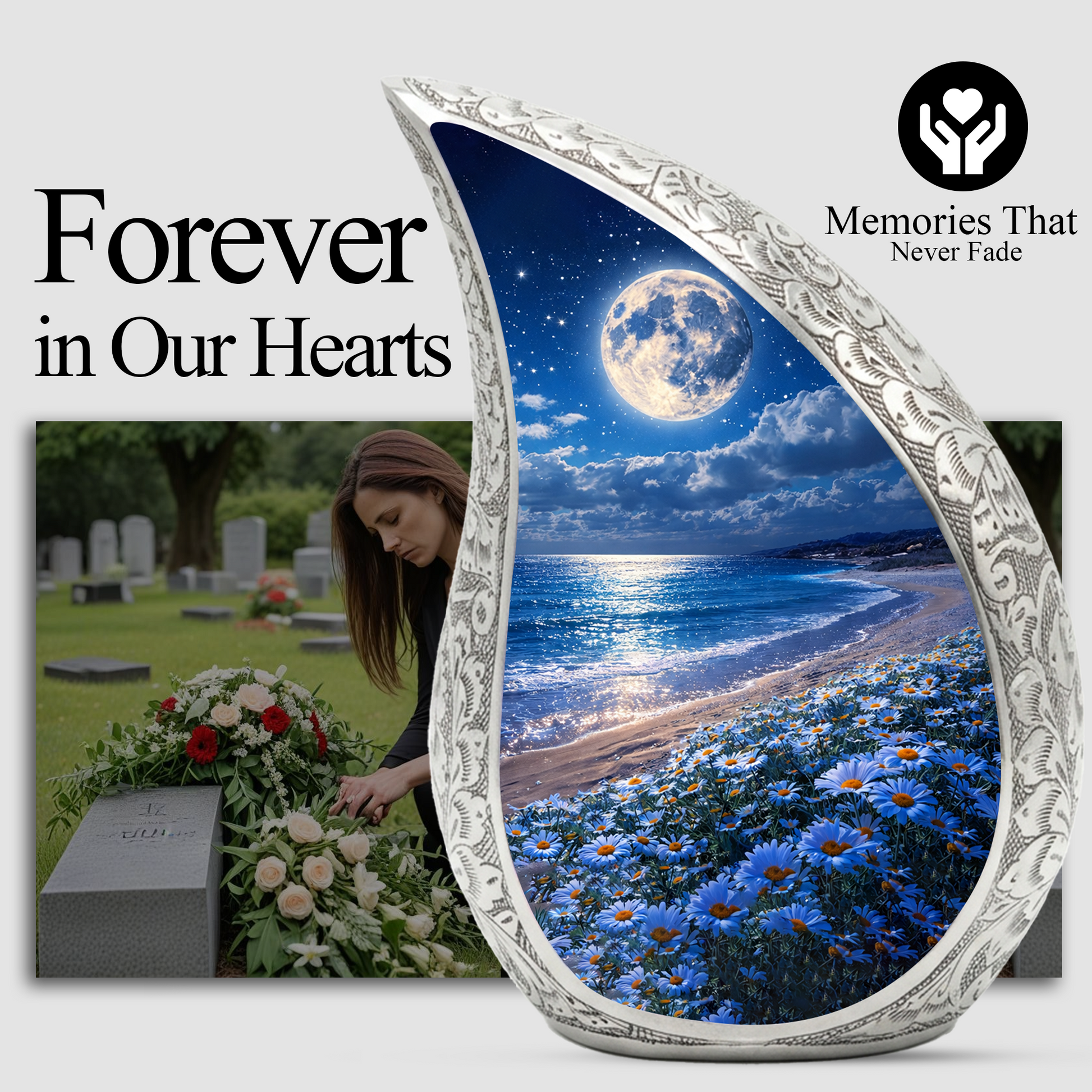 Moonlight Beach Floral Cremation Urn | Funeral Urn for Ashes