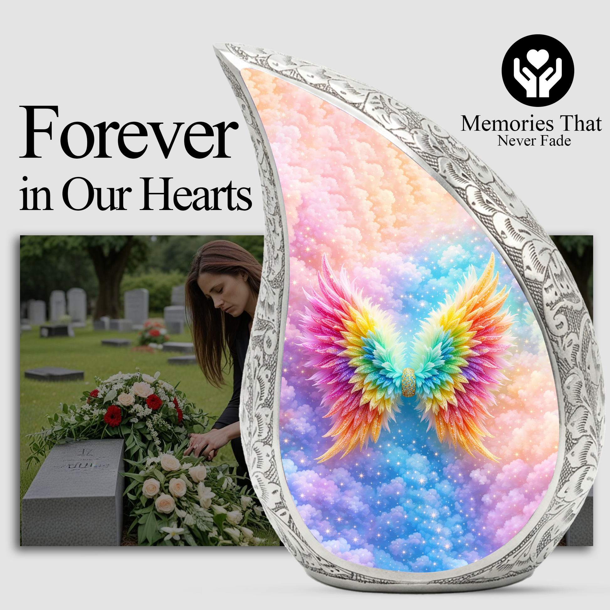 Rainbow Angel Wings Cremation Urn | Memorial Urn for Women
