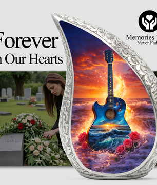 Blue Guitar Ocean Sunset Cremation Urn | Adult Memorial Urn
