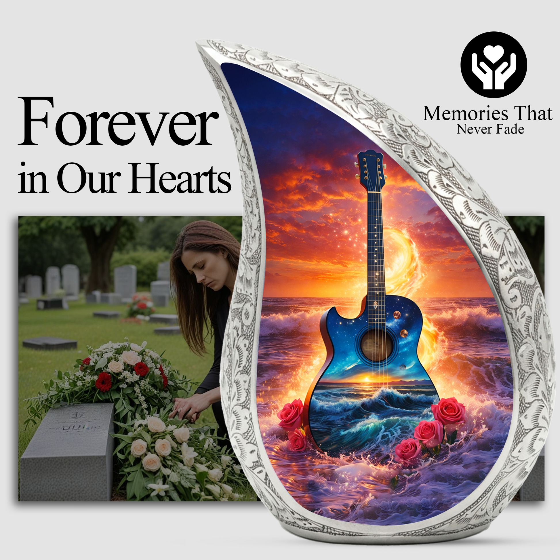 Blue Guitar Ocean Sunset Cremation Urn | Adult Memorial Urn